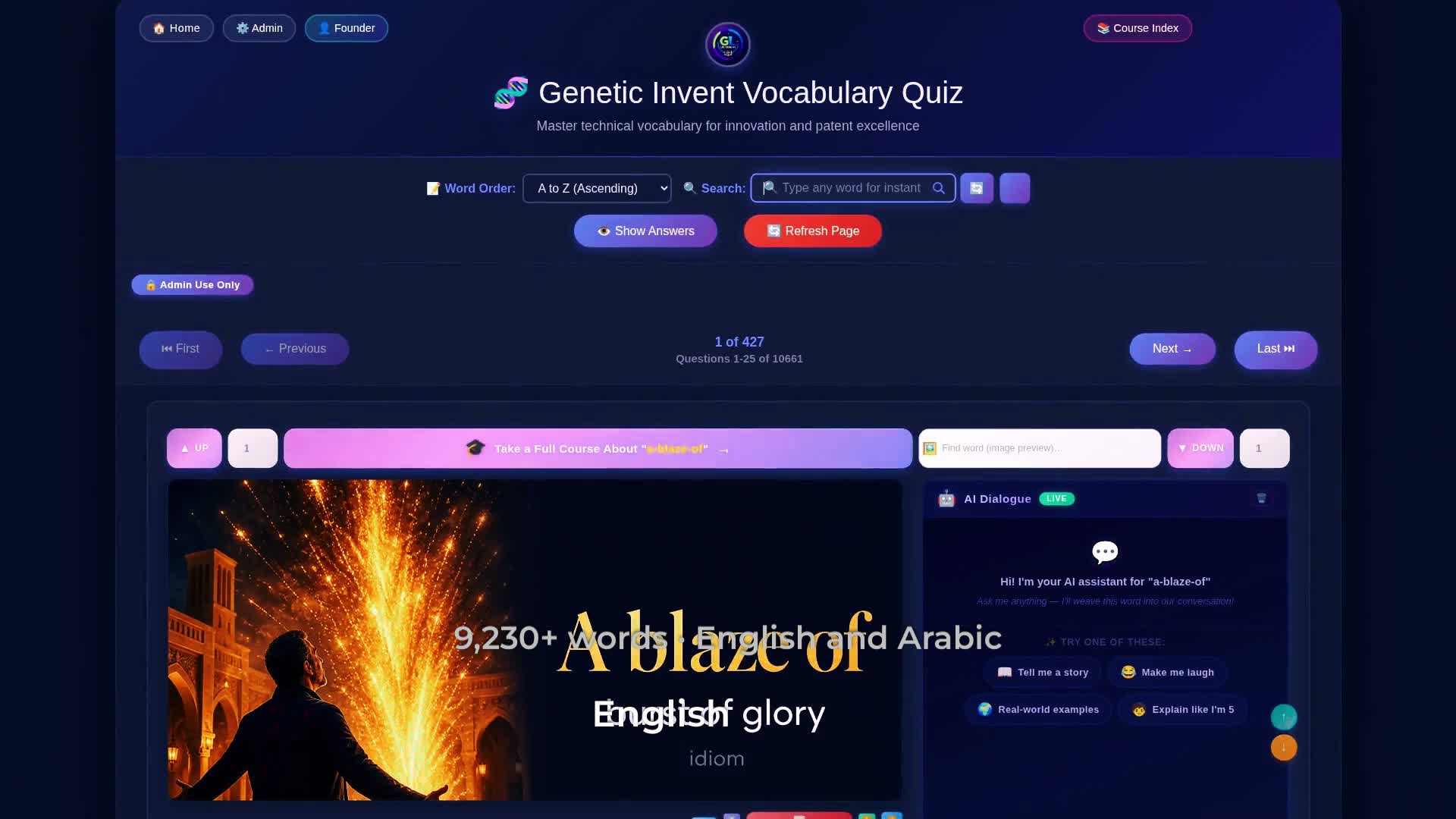 Screenshot of the GL Dictionary vocabulary quiz showing the idiom a blaze of glory with an AI visual card, 9,230+ bilingual English and Arabic words, search, and live AI Dialogue
